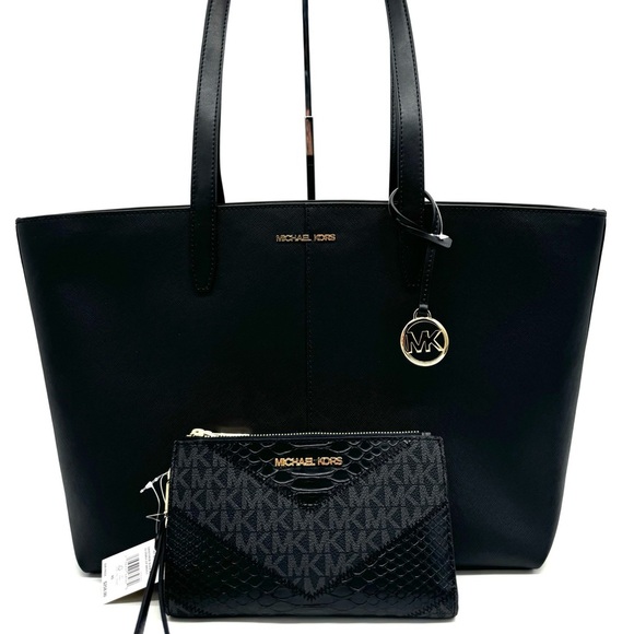Michael Kors Medium Jet Set Travel Zip Tote Bag & Double Zip Wallet Black/Gold - Picture 1 of 13